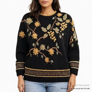 Carole Little M/L Black Wool Hand Knit Sweater Floral Coin Vintage 80s